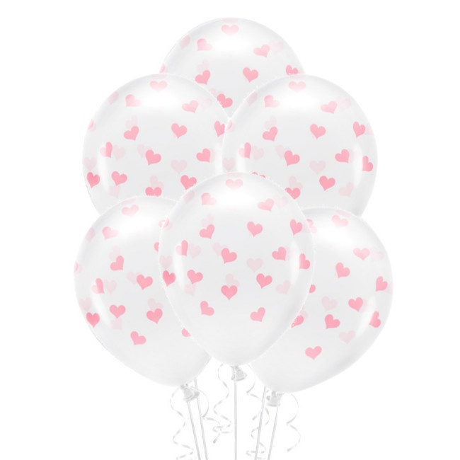 Transparente Latexballons mit Herzen 33 cm biologisch abbaubar - PartyDeco - 6 Stück