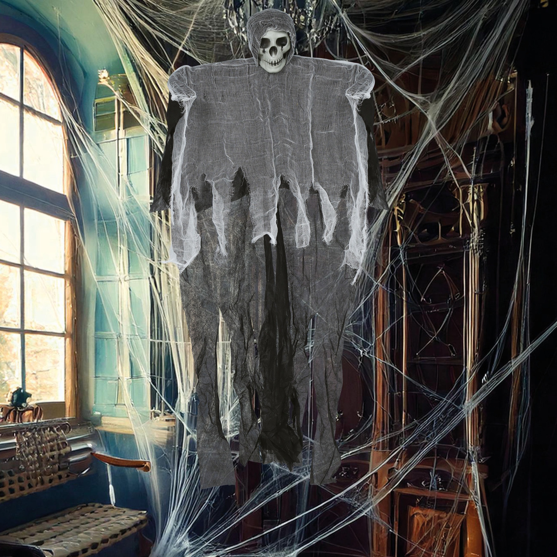 Hängebare Skelettfigur mit Kutte, 90 cm - 6