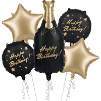 Ballon-Bouquet mit Champagnerflasche sowie schwarzen und goldenen Ballons - 5-teilig