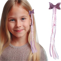 Haarsträhne mit Zöpfchen in Lila und Rosa mit Schleife - 30 cm