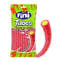 Sauer gezuckerte rote Erdbeer-Fruchtgummi-Tubes mit Melonenfüllung - Fini - 90 g