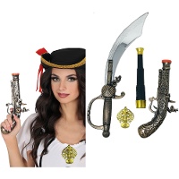Conjunto de pirata con catalejo, espada, pistola y medalla