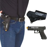 Schwarze Polizeipistole mit 20 cm langem Holster.