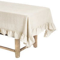 Tischtuch 2,50 x 1,45 m aus natürlichem Rüschenstoff.