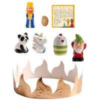 Set für den Roscón de Reyes: Krone, Bohne, König, Karte und 4 Figuren