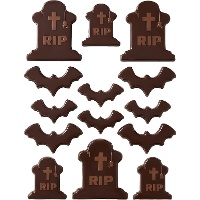 Belgische Schokoladenfiguren von Grabsteinen und Fledermäusen - 12 Stück.