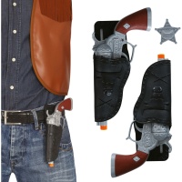 Doppeltes schwarzes Federmäppchen mit zwei 24 cm langen Pistolen.