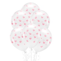Transparente Latexballons mit Herzen 33 cm biologisch abbaubar - PartyDeco - 6 Stück