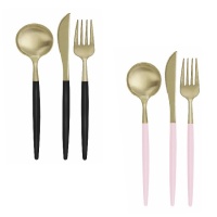Farbiges Kunststoffbesteck mit Metallic-Gold - 12 Stück.