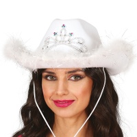 Weißer Cowgirlhut mit Federn und silberner Krone