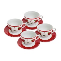Weihnachtliche 220 ml Tassen mit Weihnachtsstern und Untertassen - 4 Stück