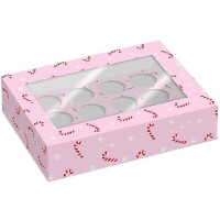 Schachtel für 12 Cupcakes mit Zuckerstangenmuster - 2 Einheiten