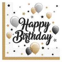 Happy Birthday Goldene Servietten mit Luftballons 16,5 x 16,5 cm - 20 Stk.