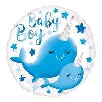 Runder blauer Narwal-Ballon mit Baby-Boy-Botschaft 43 cm - Anagramm