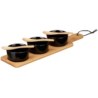 Set aus Keramiktablett mit 3 schwarzen Keramikschalen und Löffeln