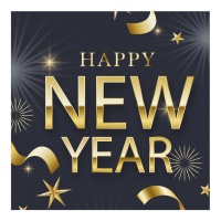 Happy New Year Servietten schwarz und gold 16,5 x 16,5 cm - 16 Stück.
