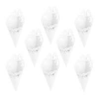 Weiße Papierkegel mit Spitze - 10 Stück.