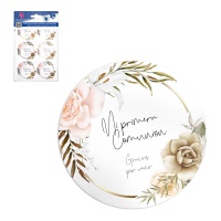Aufkleber für die Erste Kommunion in Gold und mit Blumen, 5 cm - 24 Stück