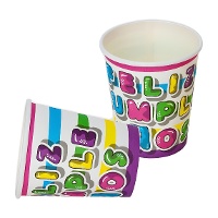 Happy Birthday Becher mit bunten Streifen 9 x 8 cm - 8 Stück.