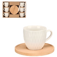 Tasse 90 ml mit Rautenmuster und Bambusteller - 6-teiliges Set
